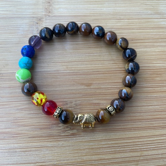 Hand Crafted Jewelry - Tiger Eye with all 7 Chakra Stones Elephant Bracelet